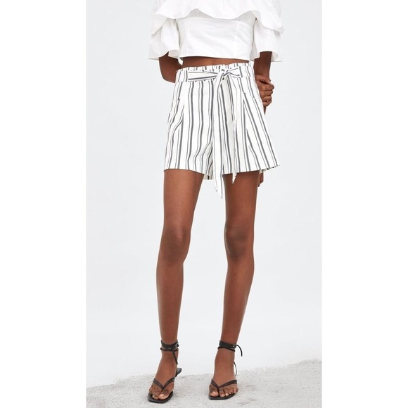 Zara Pants - Zara Striped Paperbag Shorts Women XS White Black Tie Waist Preppy Outdoor